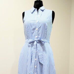 CHETTA B BLUE WHITE GINGHAM FIT & FLARE SHIRT DRESS WITH BELT & COLLAR SIZE 10